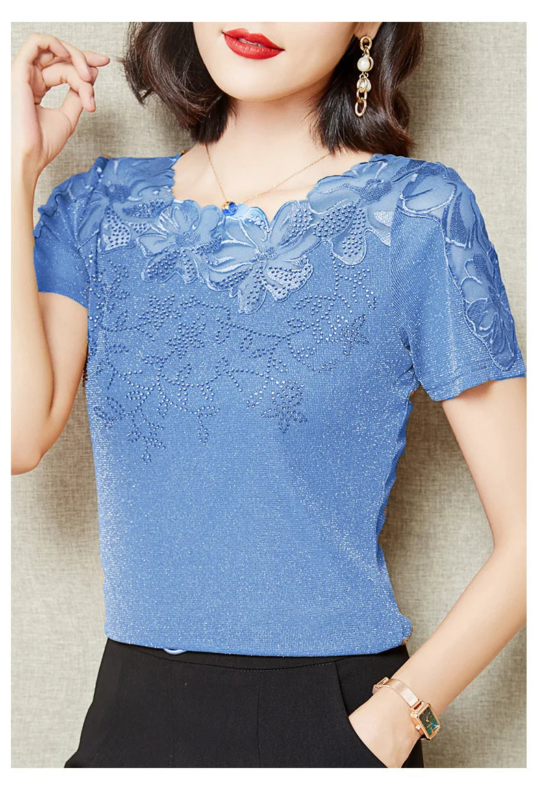 Women T-Shirt 2024 New Lace Hollow Embroidery Mesh Tops
