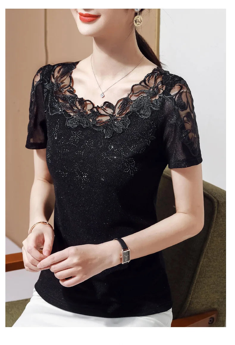 Women T-Shirt 2024 New Lace Hollow Embroidery Mesh Tops