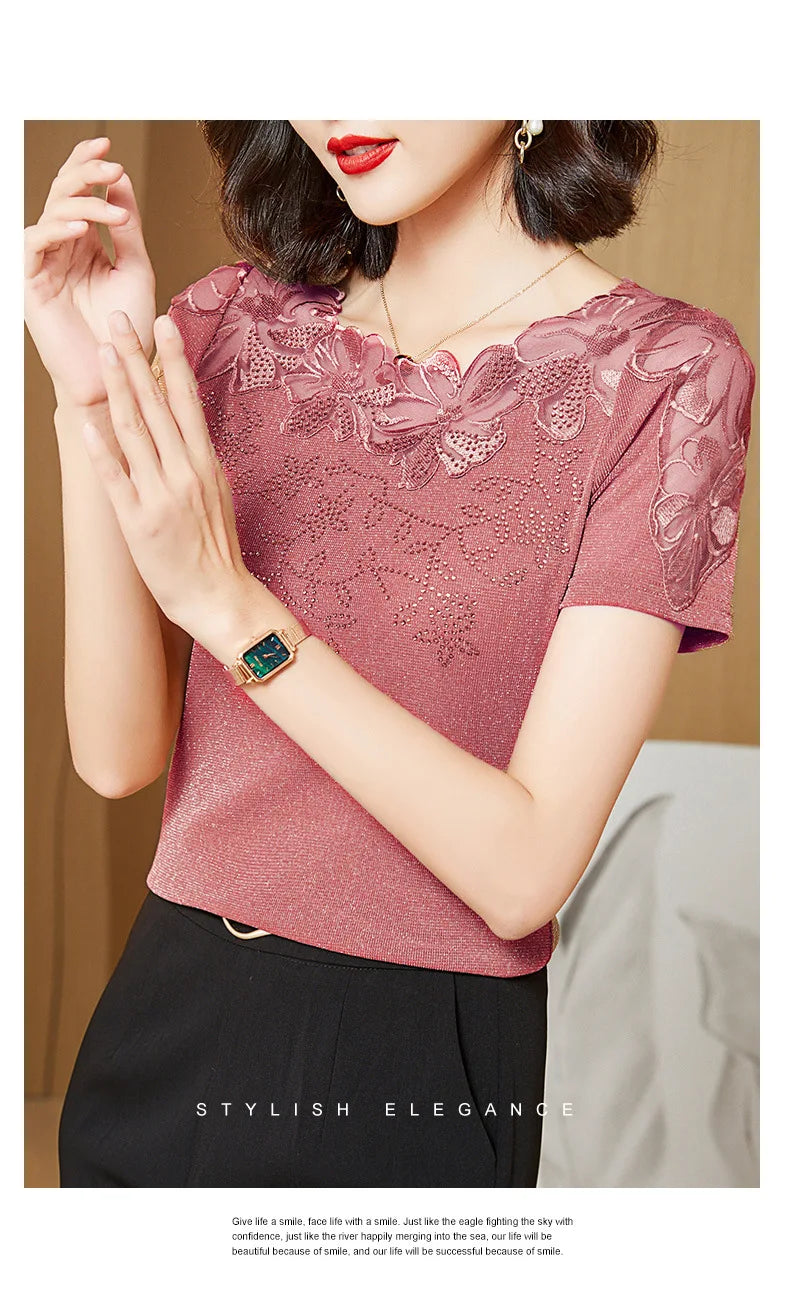 Women T-Shirt 2024 New Lace Hollow Embroidery Mesh Tops
