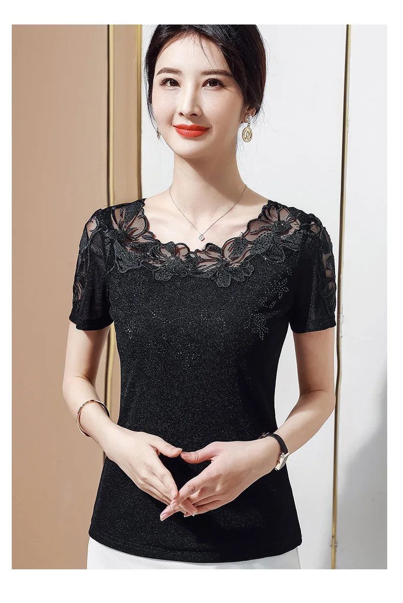 Women T-Shirt 2024 New Lace Hollow Embroidery Mesh Tops