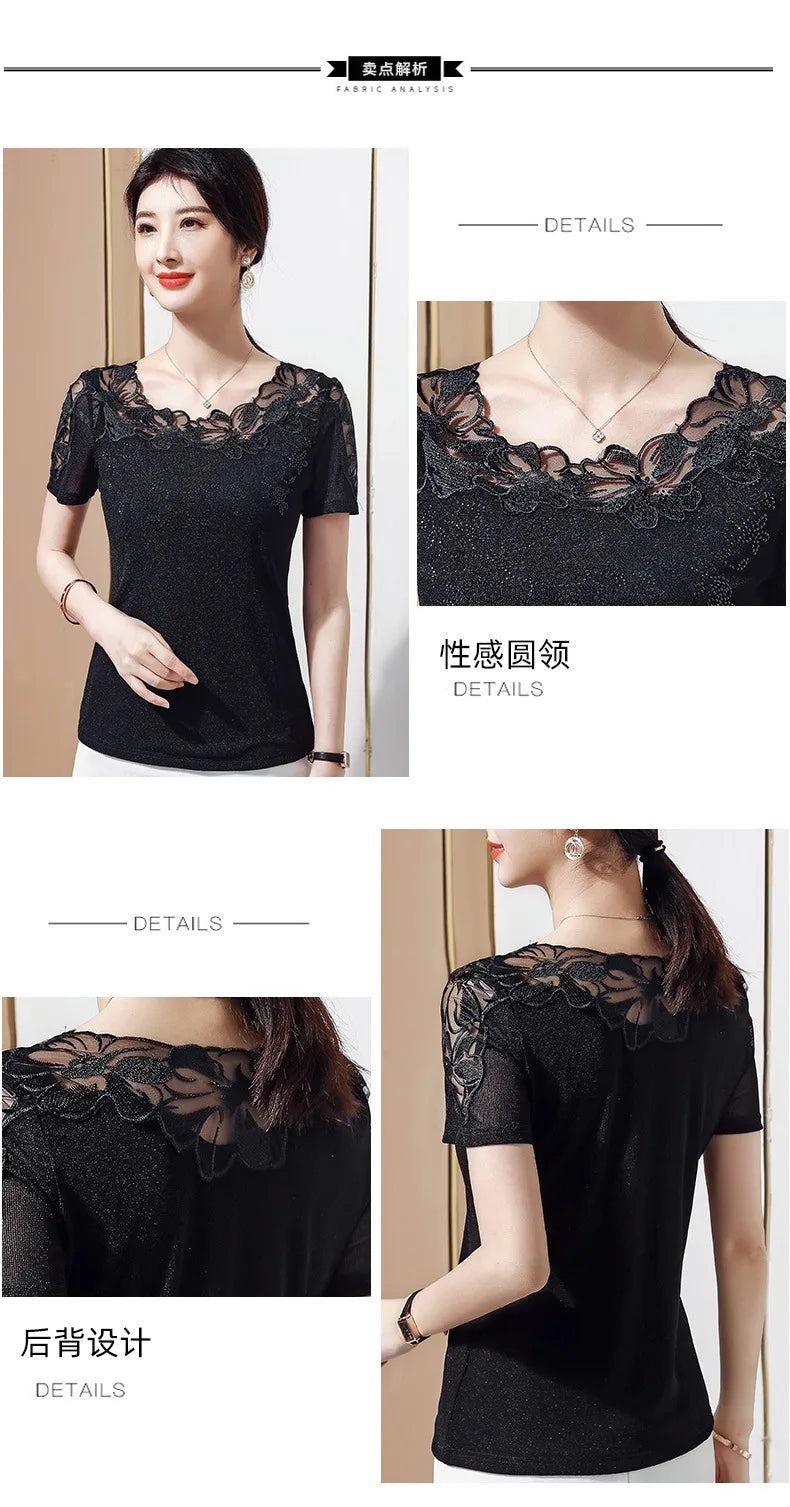 Women T-Shirt 2024 New Lace Hollow Embroidery Mesh Tops