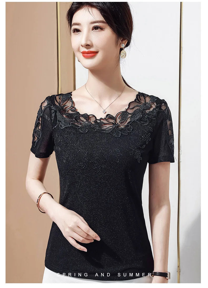 Women T-Shirt 2024 New Lace Hollow Embroidery Mesh Tops