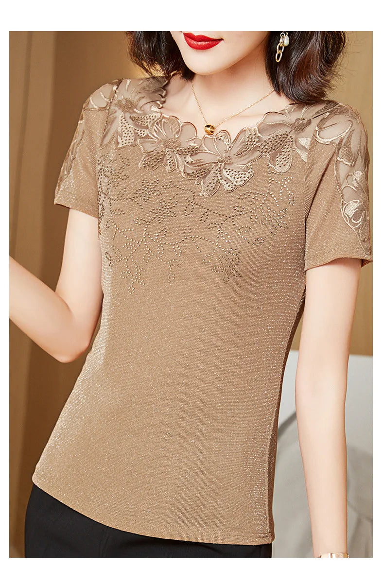 Women T-Shirt 2024 New Lace Hollow Embroidery Mesh Tops