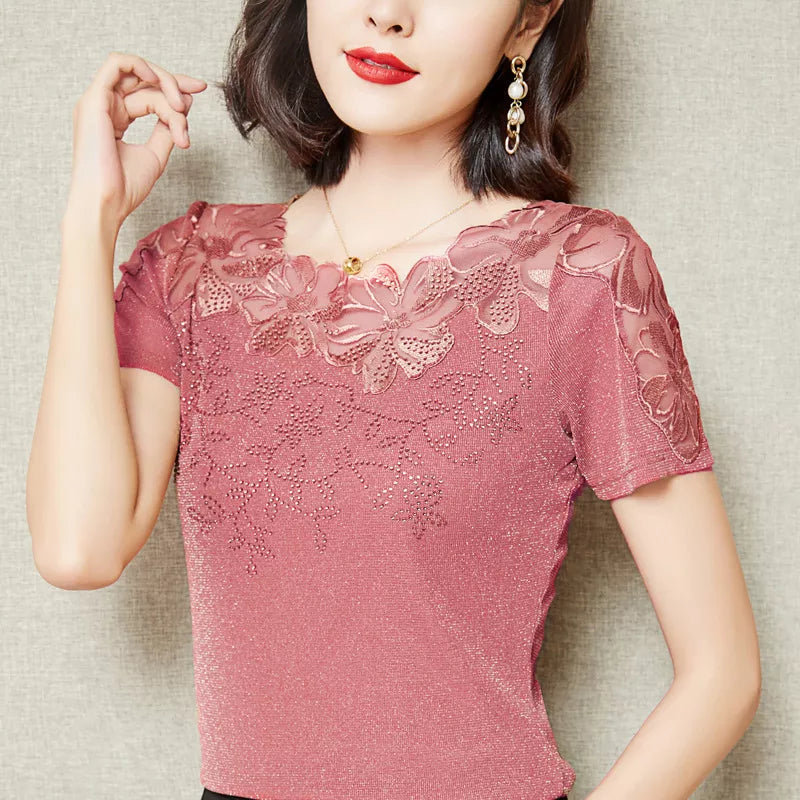 Women T-Shirt 2024 New Lace Hollow Embroidery Mesh Tops