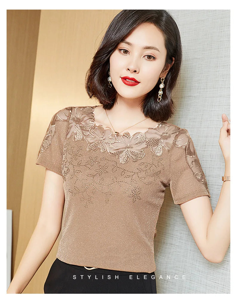 Women T-Shirt 2024 New Lace Hollow Embroidery Mesh Tops
