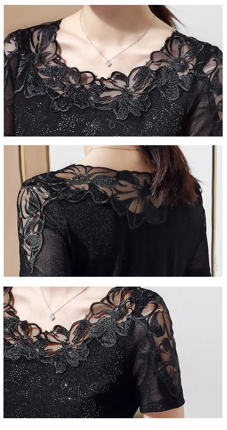 Women T-Shirt 2024 New Lace Hollow Embroidery Mesh Tops