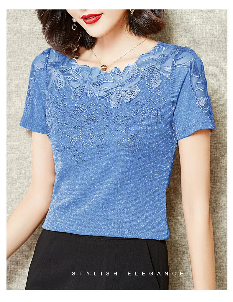 Women T-Shirt 2024 New Lace Hollow Embroidery Mesh Tops