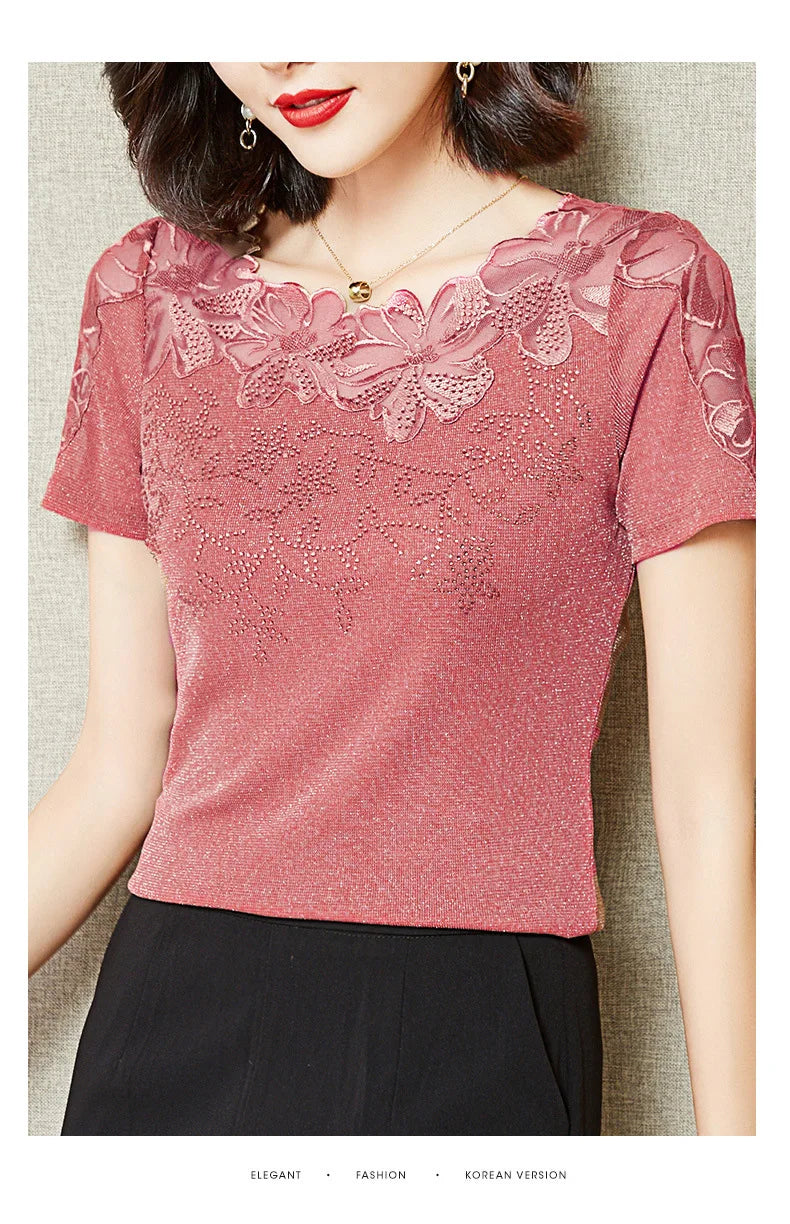 Women T-Shirt 2024 New Lace Hollow Embroidery Mesh Tops