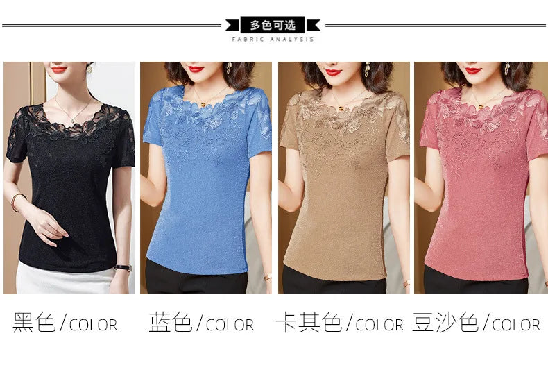 Women T-Shirt 2024 New Lace Hollow Embroidery Mesh Tops
