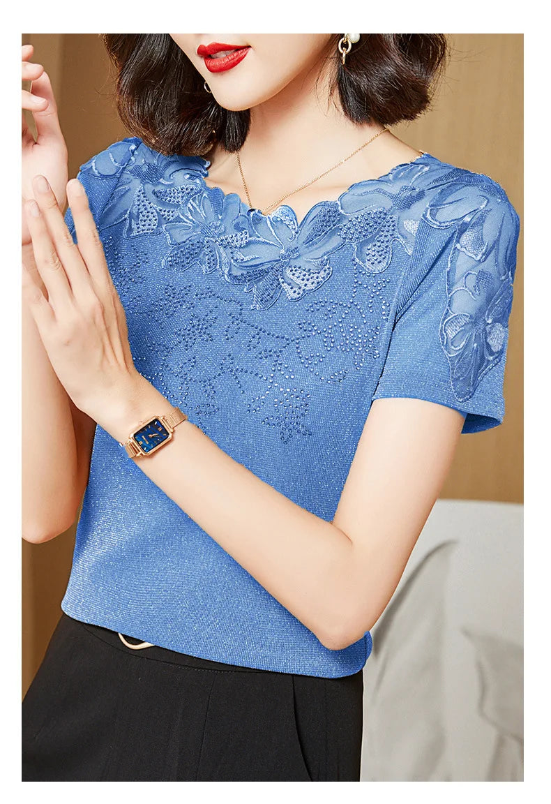 Women T-Shirt 2024 New Lace Hollow Embroidery Mesh Tops