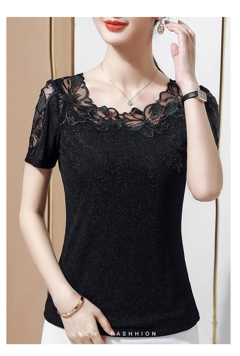 Women T-Shirt 2024 New Lace Hollow Embroidery Mesh Tops