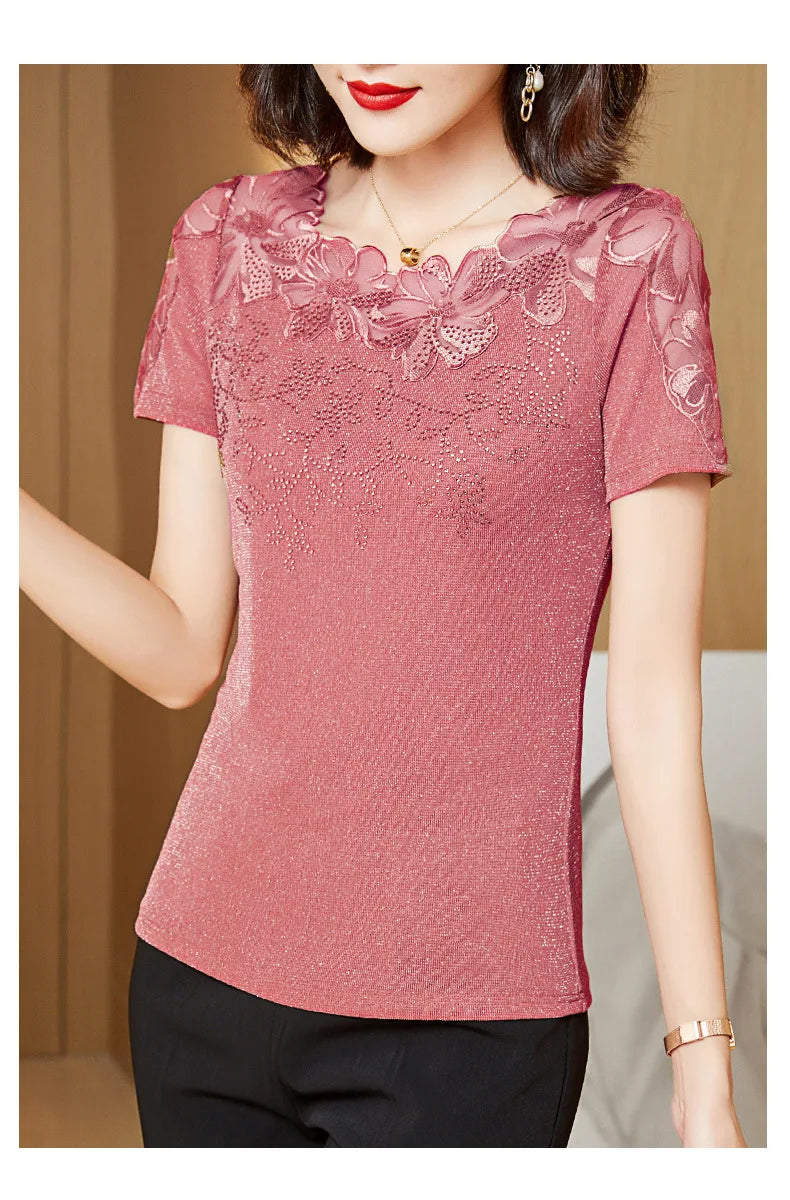Women T-Shirt 2024 New Lace Hollow Embroidery Mesh Tops