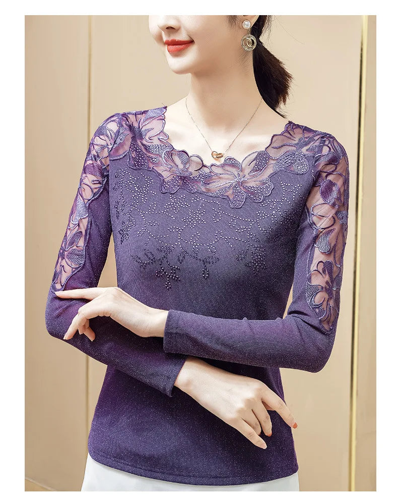 Women T-Shirt 2024 New Lace Hollow Embroidery Mesh Tops