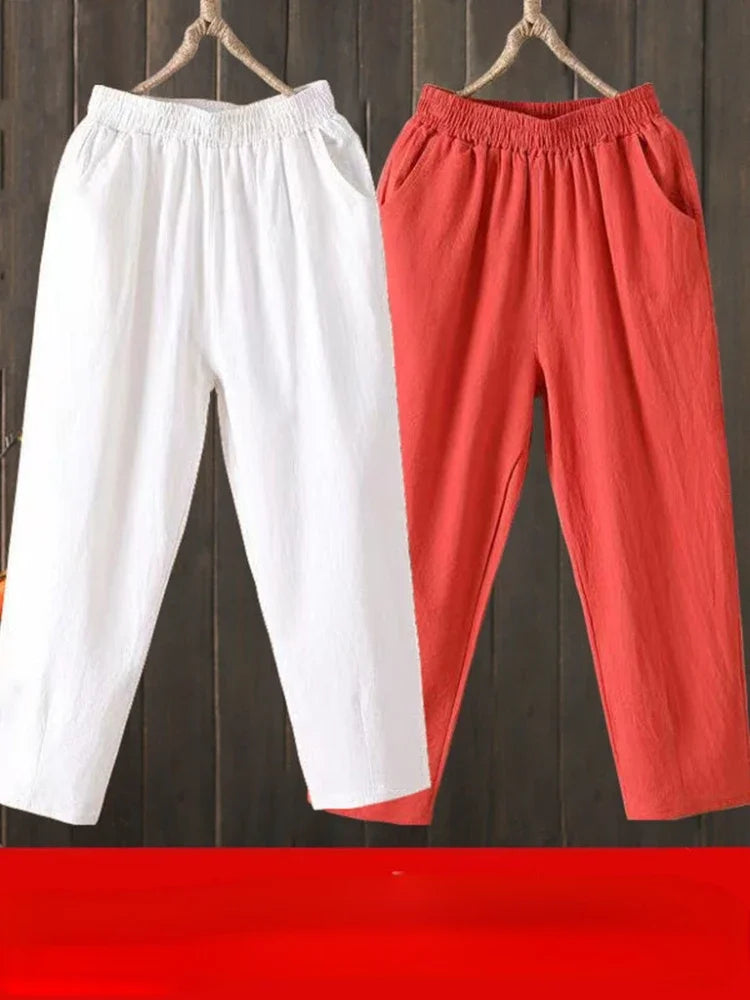 Woman Pants Casual Cotton Linen  LOOSE Solid Ankle-Length Pants Elastic Waist