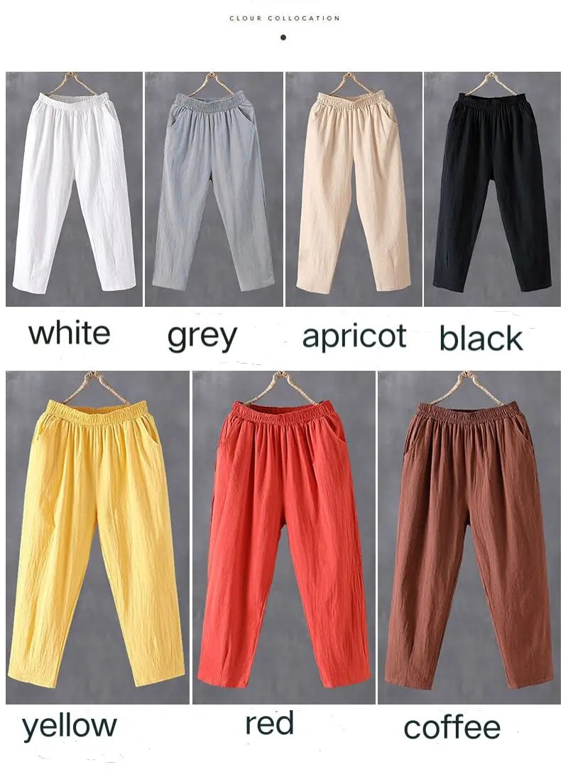 Woman Pants Casual Cotton Linen  LOOSE Solid Ankle-Length Pants Elastic Waist