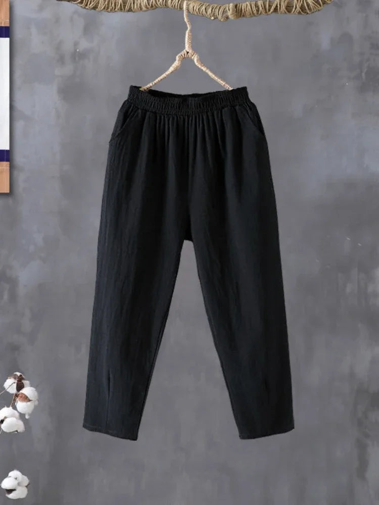 Woman Pants Casual Cotton Linen  LOOSE Solid Ankle-Length Pants Elastic Waist
