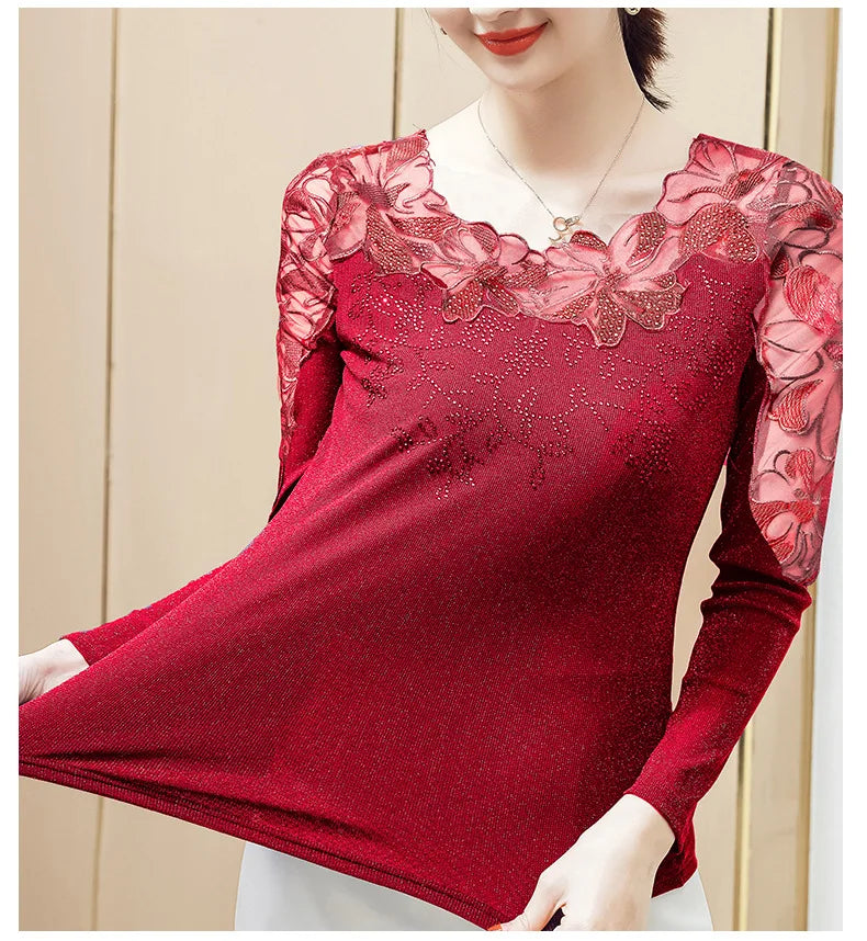 Women T-Shirt 2024 New Lace Hollow Embroidery Mesh Tops