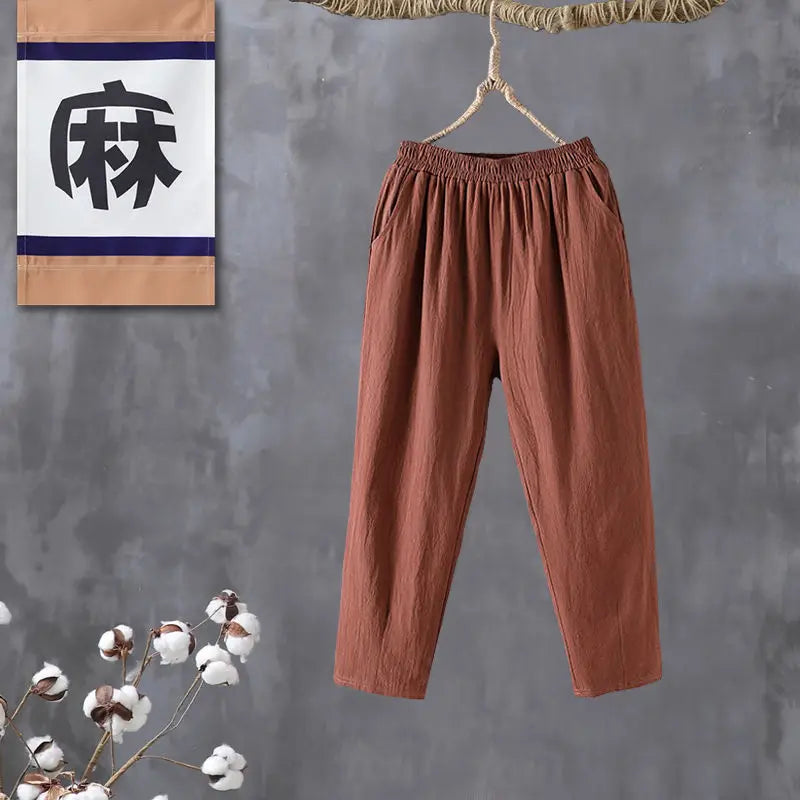Woman Pants Casual Cotton Linen  LOOSE Solid Ankle-Length Pants Elastic Waist