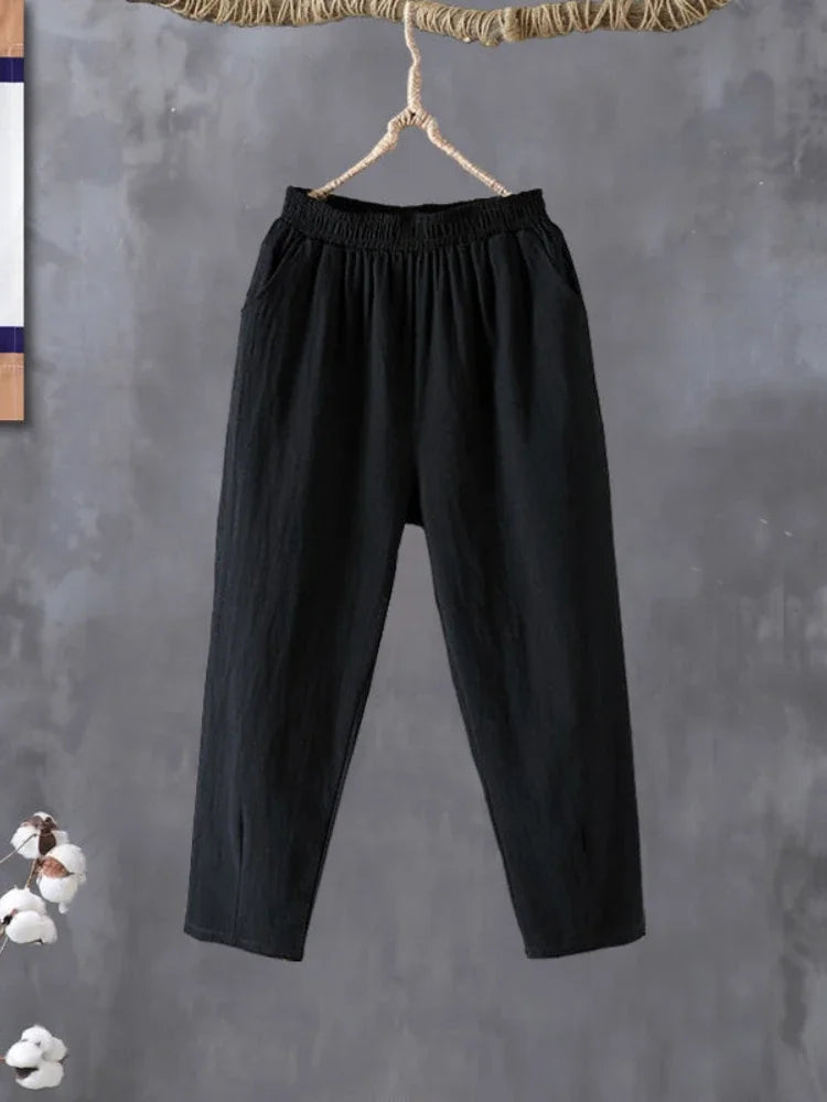 Woman Pants Casual Cotton Linen  LOOSE Solid Ankle-Length Pants Elastic Waist