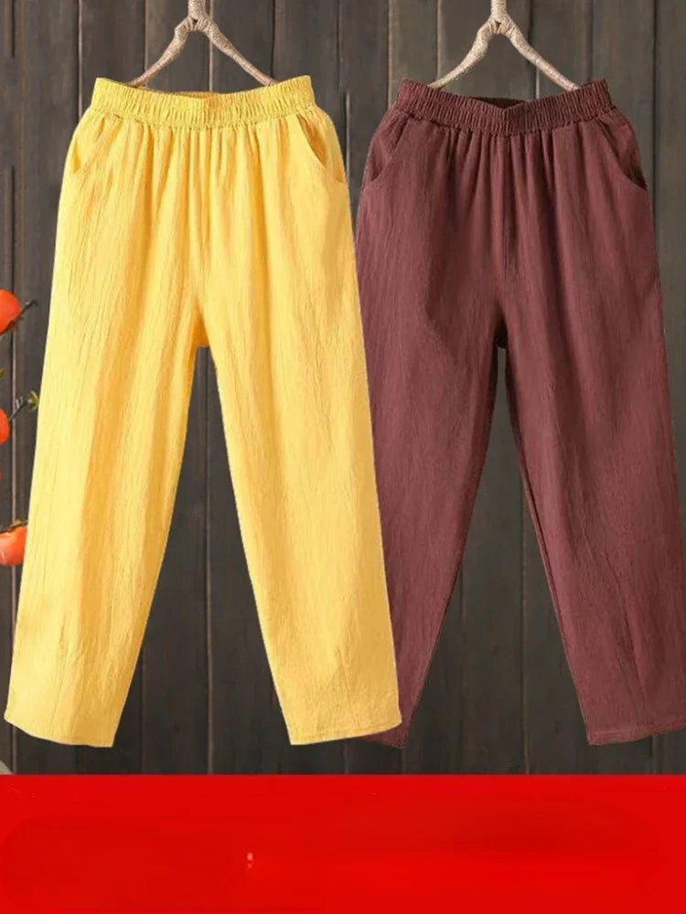 Woman Pants Casual Cotton Linen  LOOSE Solid Ankle-Length Pants Elastic Waist