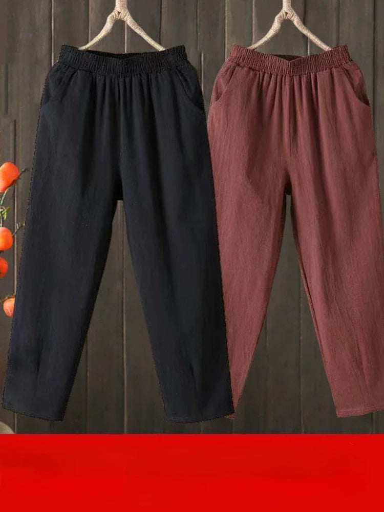 Woman Pants Casual Cotton Linen  LOOSE Solid Ankle-Length Pants Elastic Waist