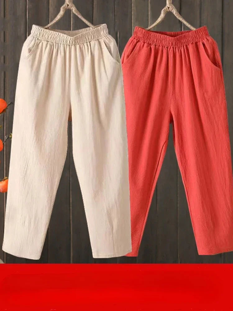 Woman Pants Casual Cotton Linen  LOOSE Solid Ankle-Length Pants Elastic Waist