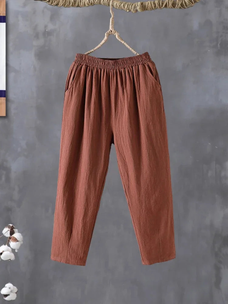 Woman Pants Casual Cotton Linen  LOOSE Solid Ankle-Length Pants Elastic Waist