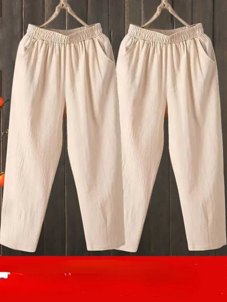 Woman Pants Casual Cotton Linen  LOOSE Solid Ankle-Length Pants Elastic Waist