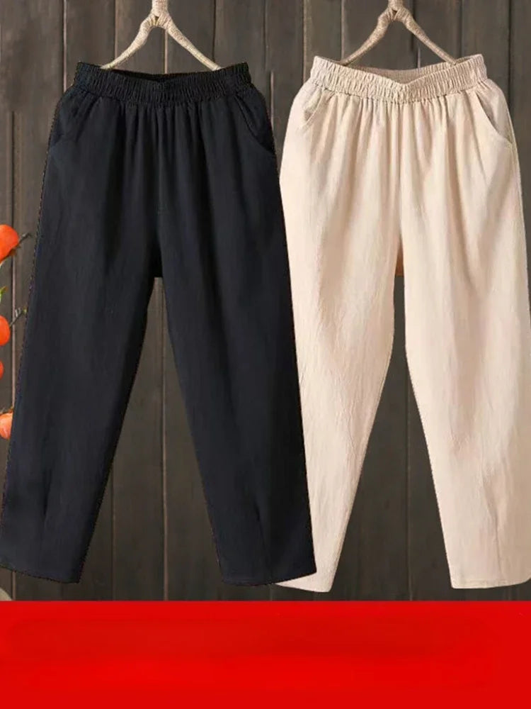 Woman Pants Casual Cotton Linen  LOOSE Solid Ankle-Length Pants Elastic Waist