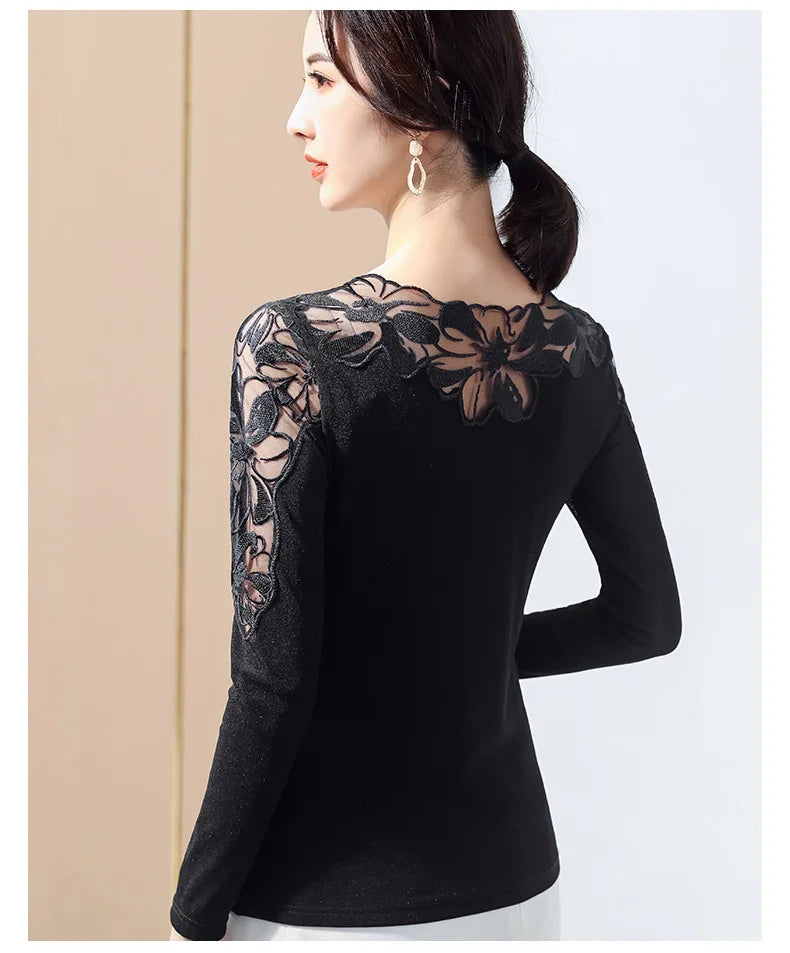 Women T-Shirt 2024 New Lace Hollow Embroidery Mesh Tops