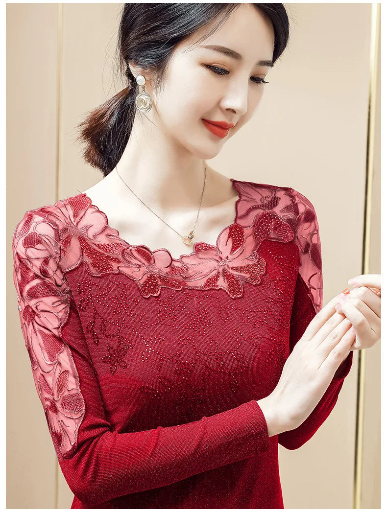 Women T-Shirt 2024 New Lace Hollow Embroidery Mesh Tops