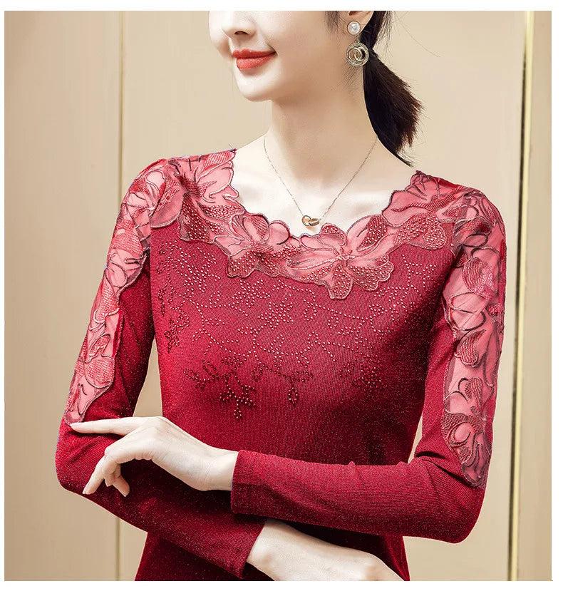 Women T-Shirt 2024 New Lace Hollow Embroidery Mesh Tops