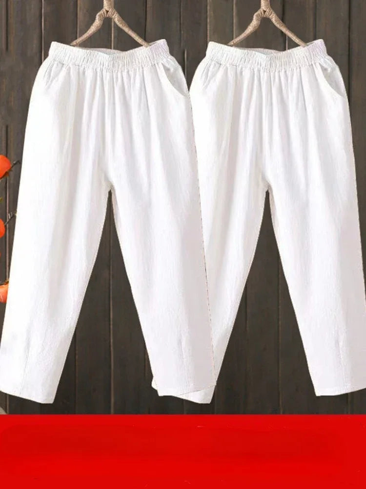 Woman Pants Casual Cotton Linen  LOOSE Solid Ankle-Length Pants Elastic Waist
