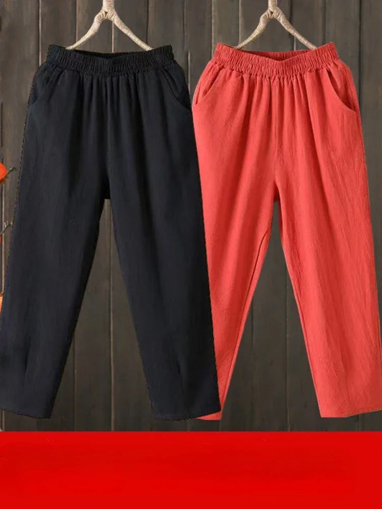 Woman Pants Casual Cotton Linen  LOOSE Solid Ankle-Length Pants Elastic Waist