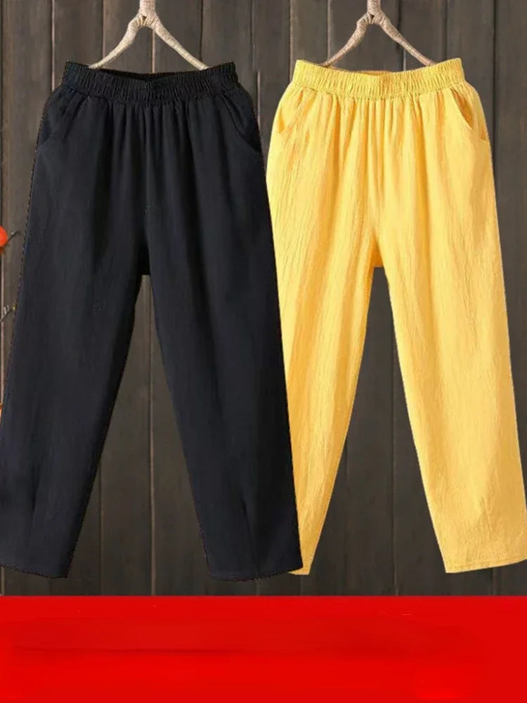 Woman Pants Casual Cotton Linen  LOOSE Solid Ankle-Length Pants Elastic Waist