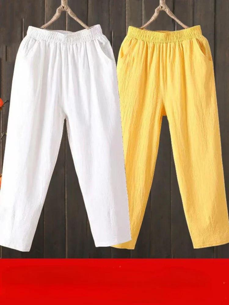 Woman Pants Casual Cotton Linen  LOOSE Solid Ankle-Length Pants Elastic Waist
