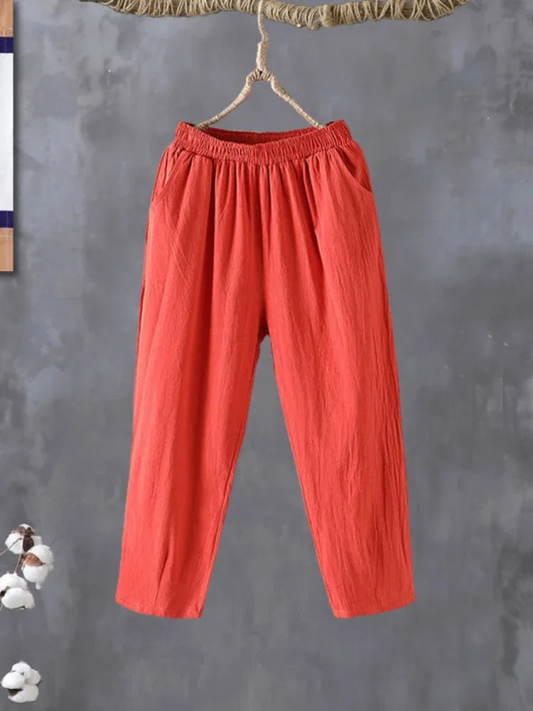 Woman Pants Casual Cotton Linen  LOOSE Solid Ankle-Length Pants Elastic Waist