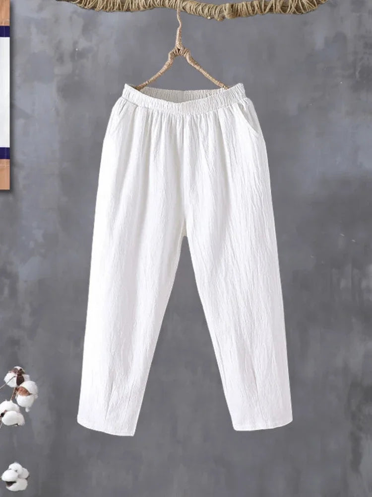 Woman Pants Casual Cotton Linen  LOOSE Solid Ankle-Length Pants Elastic Waist