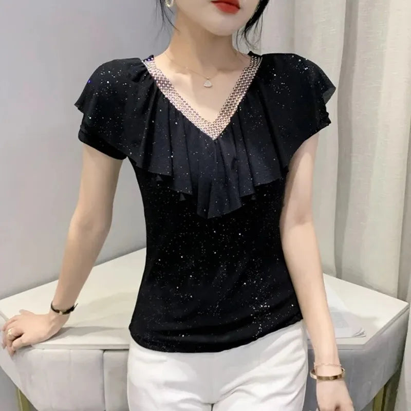 Women's T-Shirt Chic Luxury  Mesh Tops