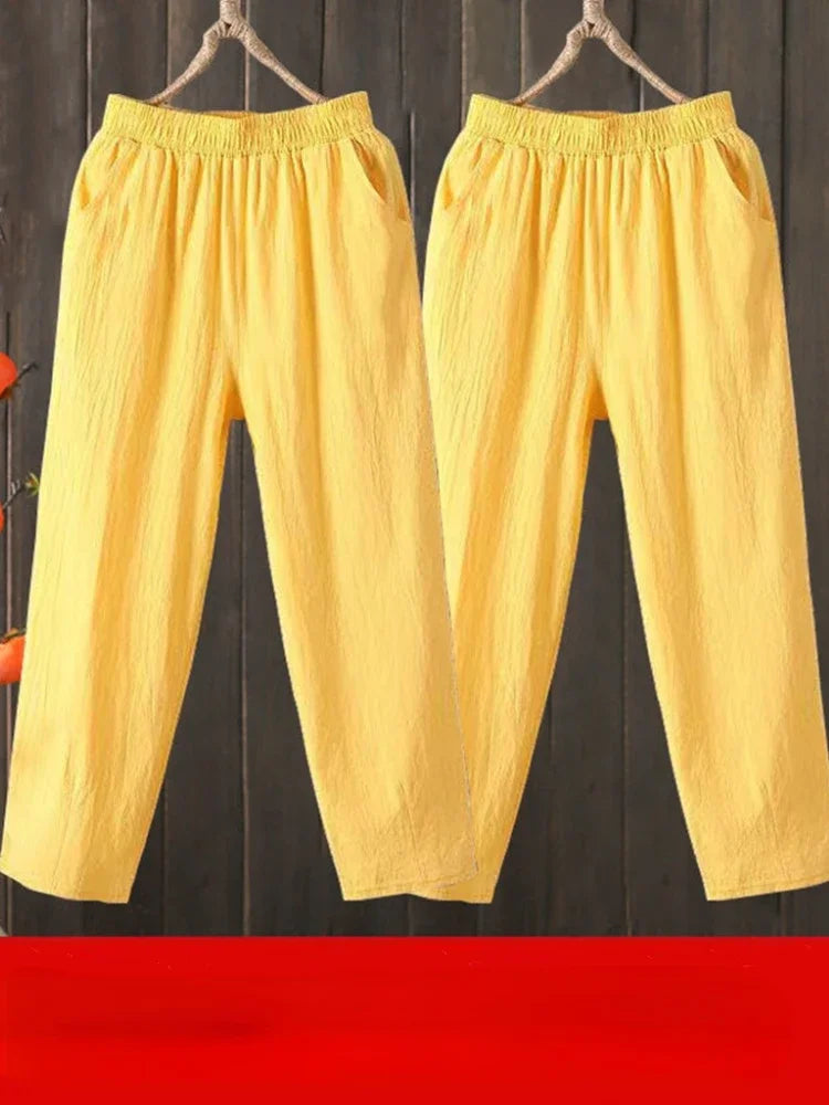 Woman Pants Casual Cotton Linen  LOOSE Solid Ankle-Length Pants Elastic Waist
