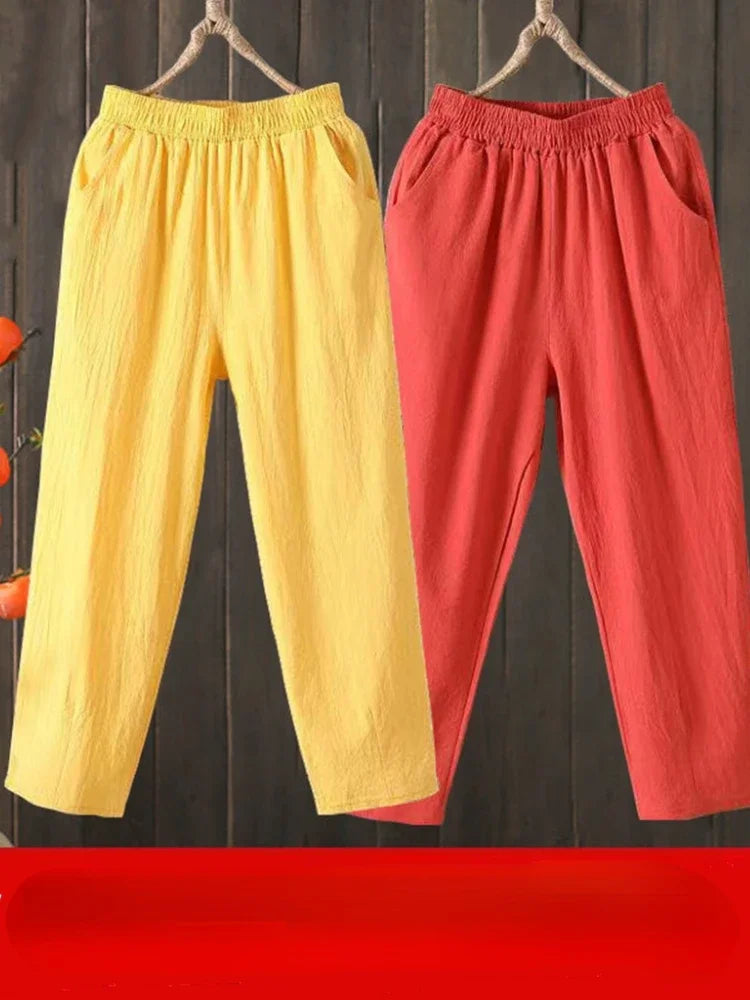Woman Pants Casual Cotton Linen  LOOSE Solid Ankle-Length Pants Elastic Waist