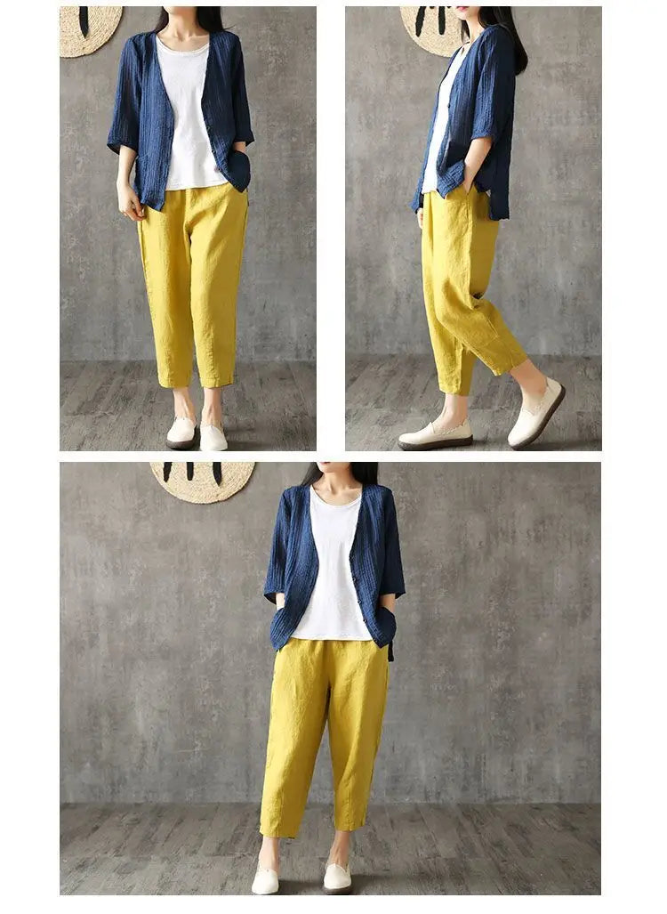 Woman Pants Casual Cotton Linen  LOOSE Solid Ankle-Length Pants Elastic Waist