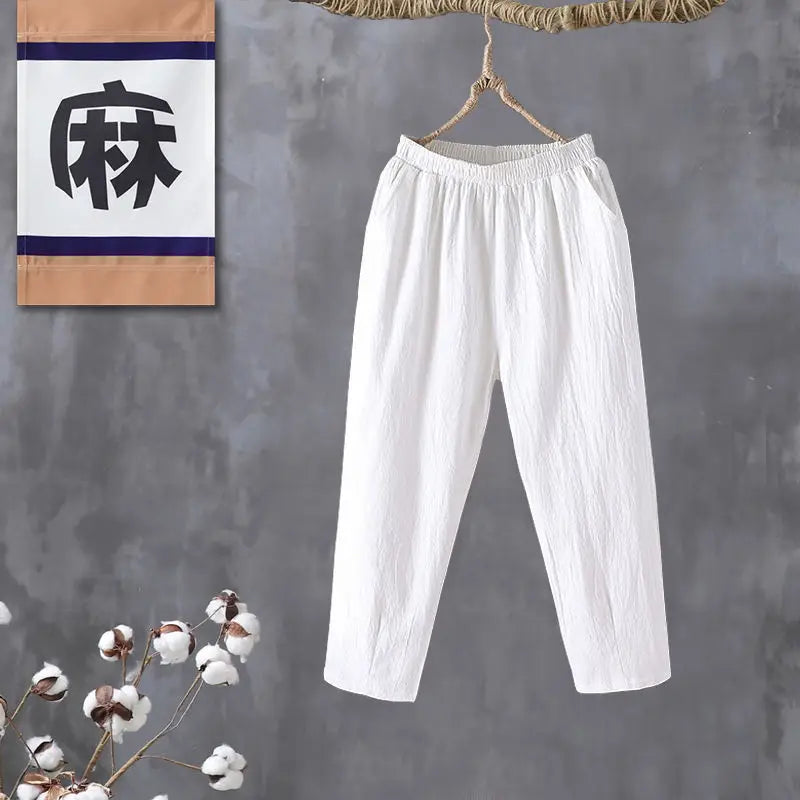 Woman Pants Casual Cotton Linen  LOOSE Solid Ankle-Length Pants Elastic Waist