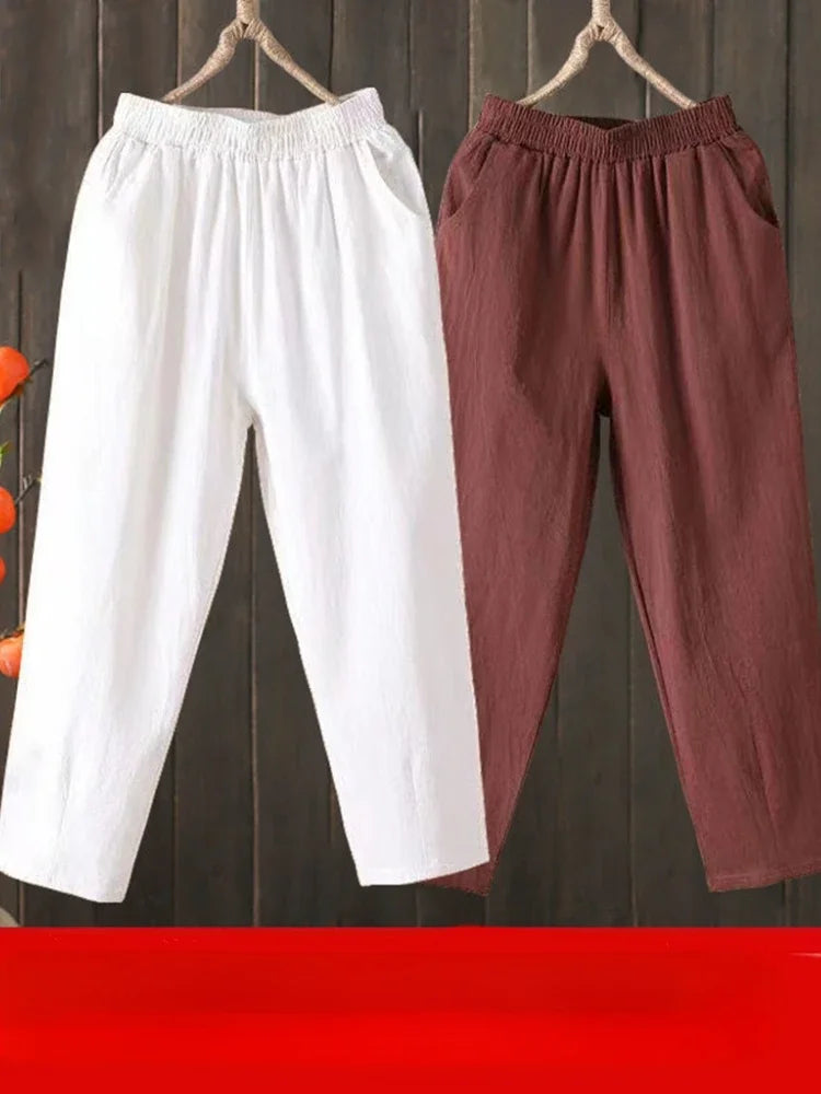 Woman Pants Casual Cotton Linen  LOOSE Solid Ankle-Length Pants Elastic Waist
