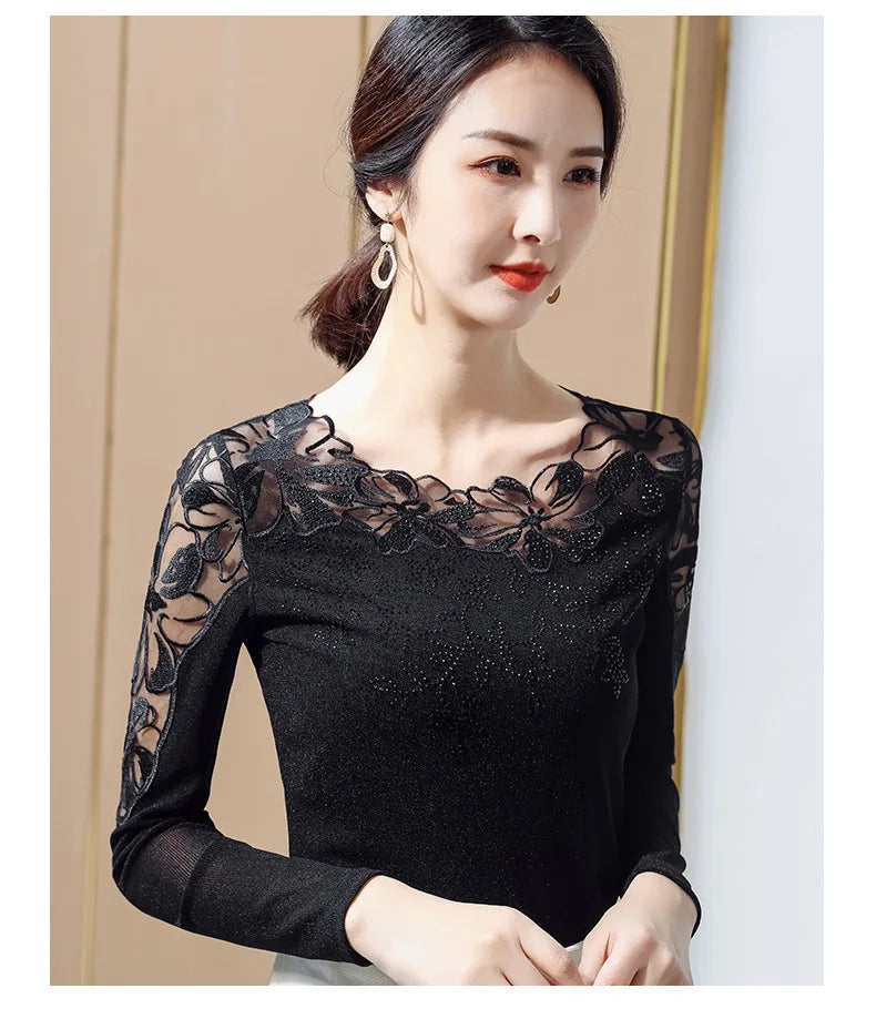 Women T-Shirt 2024 New Lace Hollow Embroidery Mesh Tops