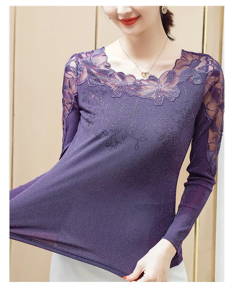 Women T-Shirt 2024 New Lace Hollow Embroidery Mesh Tops