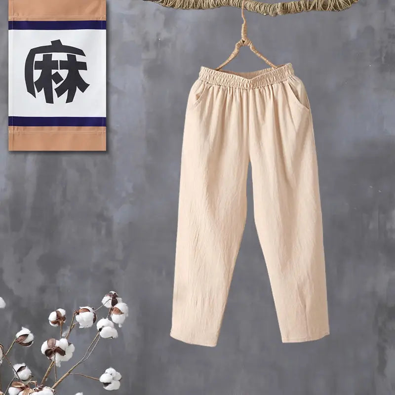 Woman Pants Casual Cotton Linen  LOOSE Solid Ankle-Length Pants Elastic Waist