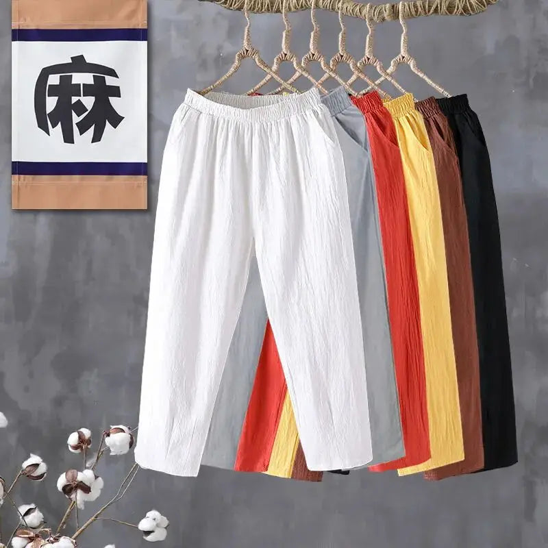 Woman Pants Casual Cotton Linen  LOOSE Solid Ankle-Length Pants Elastic Waist