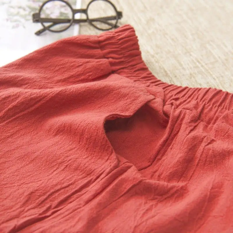 Woman Pants Casual Cotton Linen  LOOSE Solid Ankle-Length Pants Elastic Waist