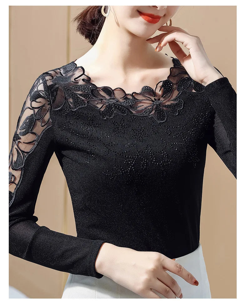 Women T-Shirt 2024 New Lace Hollow Embroidery Mesh Tops